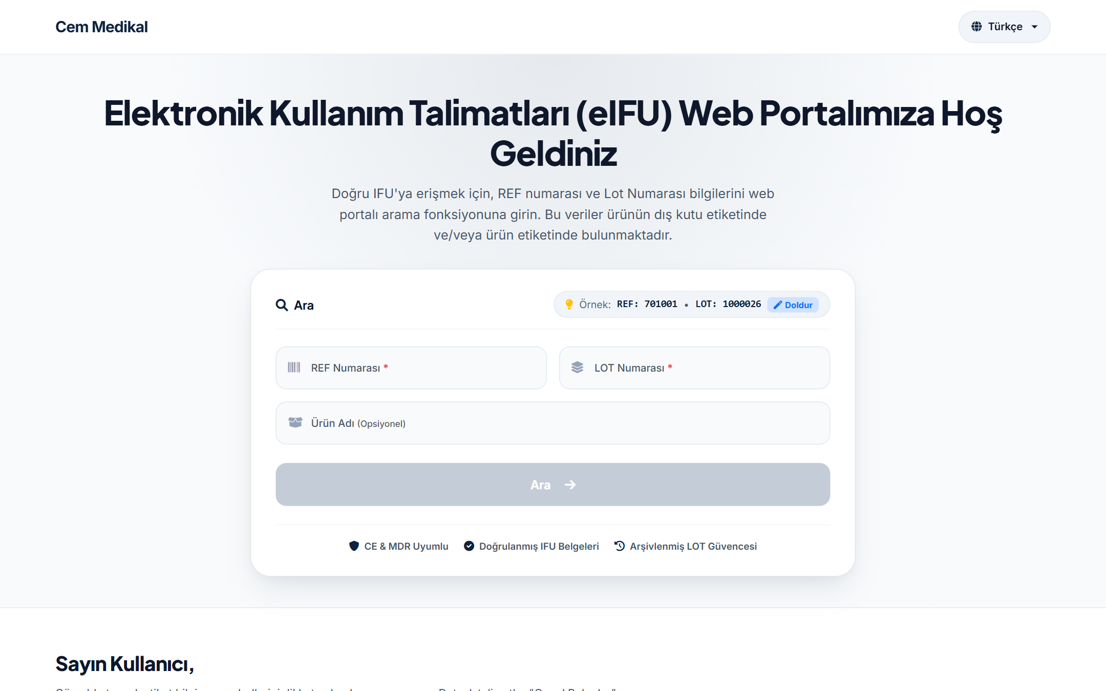 Tıbbi cihaz ve in vitro tanı ürünleri için REF katalog kodu ve LOT parti numarası ile elektronik kullanım talimatı sorgulama arama ekranı